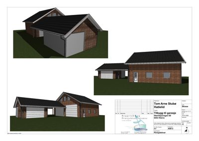 Perspektivtegning (rendering) som viser en 3D-visualisering av et nytt garasjebygg. Bildet inneholder tre ulike vinkler (perspektiver) av bygningen.
