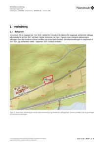 Kart som viser topografi, vegnett og tomtsplasseringer med skredfareområder