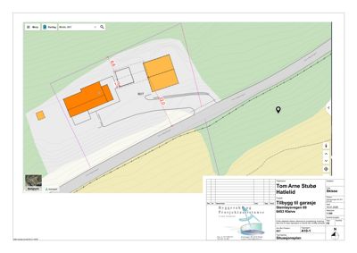 Situasjonsplan som viser tomtens form, grenser, eksisterende og planlagt bygninger, samt veier og høydekurver.