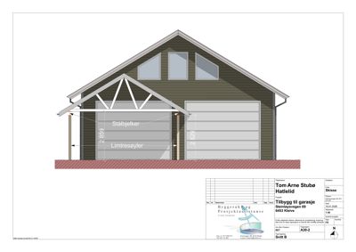 Fasadetegning (opprikk) som viser bygningens utseende fra fronten, med angitte mål og konstruksjonsdetaljer.