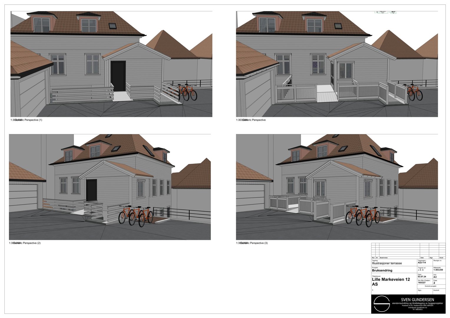 Bildet viser fire ulike perspektivtegninger (renderinger) av en planlagt bolig med terrasse og sykkelstøtte.