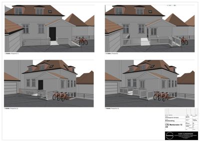 Bildet viser fire ulike perspektivtegninger (renderinger) av en planlagt bolig med terrasse og sykkelstøtte.