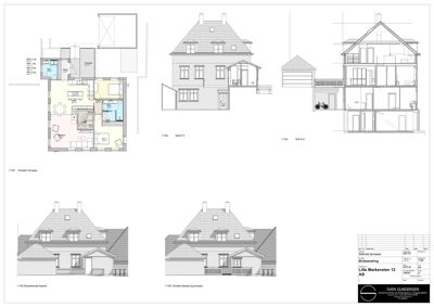 En tegningssamling som viser en fasade (oppsett), et snitt (Skt A-A) og en etasjeplan (Områd T Terrasse).