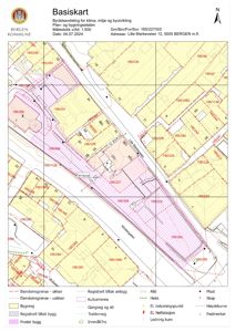 Et basiskart (tomtekart) fra Plan- og bygningssetaten i Bergen kommune som viser eiendomsgrenser, bygninger og infrastruktur.