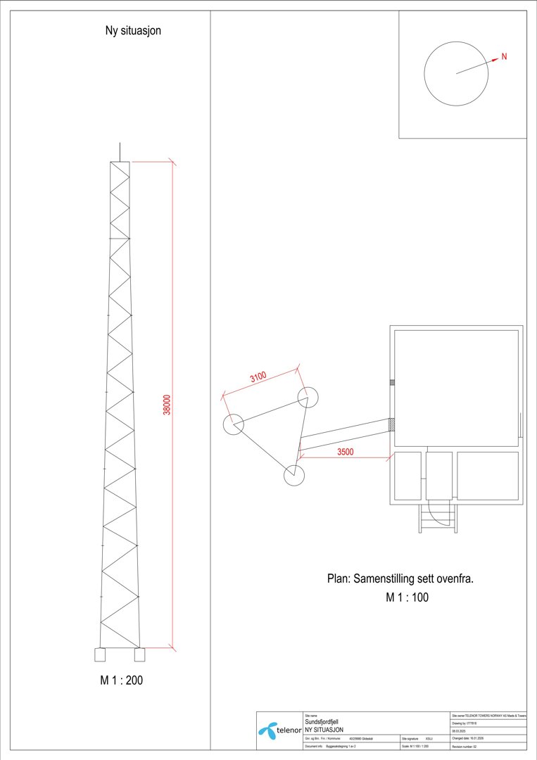 Situasjonsplan som viser en ny situasjon med en bygning og en antenne/tårnstruktur, samt målestokker og retning.