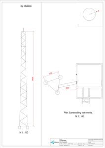 Situasjonsplan som viser en ny situasjon med en bygning og en antenne/tårnstruktur, samt målestokker og retning.