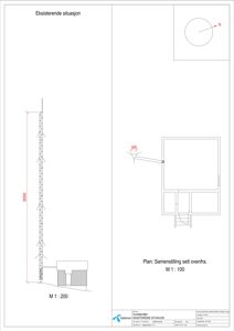 Situasjonsplan som viser eksisterende situasjon med en bygning og en antenneanlegg, inkludert målestokk og retning.