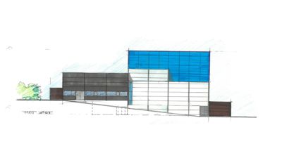 En håndtegnet fasadeoppvisning (elevation) av en bygning med markerte materialer og farger.