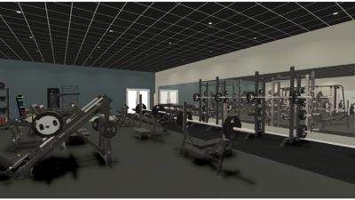 3D-visualisering av et innendørs treningsrom med utstyr, speil og detaljerte overflater.