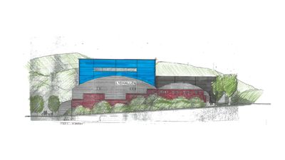 En håndtegnet fasadevisning (opprikk) av en bygning kalt 'LYEHallen', som viser fasadens utseende, farger og materialevalg sett fra utsiden.