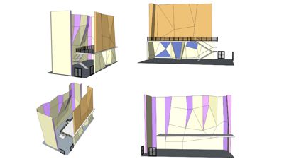 Bildet viser fire ulike vinkler (perspektiv, front, side og snitt) av en bygning med en geometrisk fasade. Dette er en 3D-visualisering.