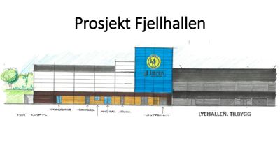 En håndtegnet oppriss (fasettegning) av bygningen 'Fjellhallen', som viser fasadens utforming, materialer og inngangsplassering.