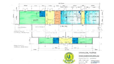 Etasjeplan (planutsnitt) som viser romfordeling, dimensjoner og funksjoner i et bygg (Lyehallen).