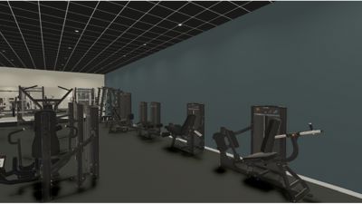 3D-visualisering av et innvendig rom, sannsynligvis et treningsrom eller gym, med utstyr, gulv og tak.