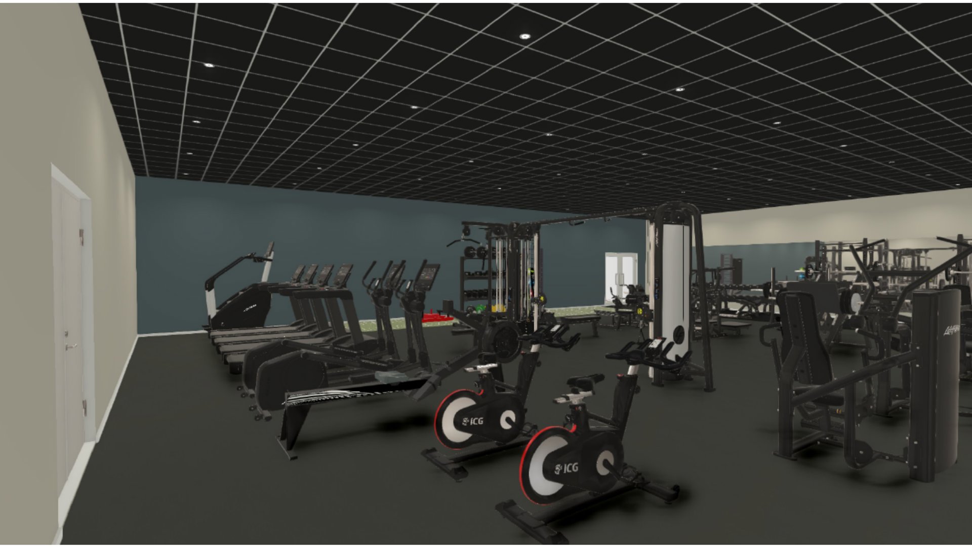 3D-visualisering av et innvendig rom (gym) med utstyr, gulv, vegger og tak.