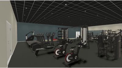 3D-visualisering av et innvendig rom (gym) med utstyr, gulv, vegger og tak.