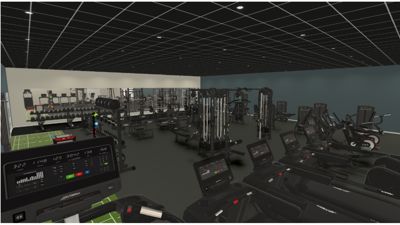 3D-visualisering av et fitnessrom med treningsutstyr, løpebånd og vekter.