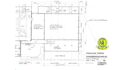 Etasjeplan (PLAN 1. ETASJE) for en bygning kalt 'LYEHALLÈN', som viser romfordeling, mål og funksjoner.