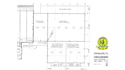 Etasjeplan (Plan 2. etasje) for en bygning kalt 'Lyehallen', som viser romfordeling og veggkonstruksjoner.