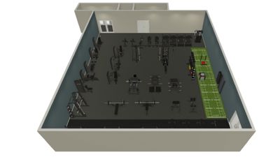 3D-visualisering av et innvendig utstyrte treningsrom (gym) med utstyr og en liten kunstgressbane.