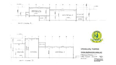 Snittegning (snitt C-D og snitt Vakse 4) som viser tverrsnittet av Lyehallen under bygging, inkludert romfordeling og høyder.