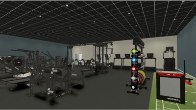 3D-visualisering av et innredet treningsrom med utstyr og gulvbelag.