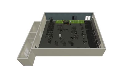 3D-visualisering av et fitnessrom med utstyr og innredning.