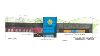 Fasadetegning (opprikk) av Lye Hallen under bygging, med visuell fremstilling av fasadematerialer, innganger og omgivelsene.