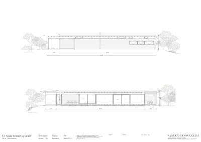 Fasadetegning som viser bygningens utseende sett fra nordvest og sørøst, inkludert mål og detaljer.
