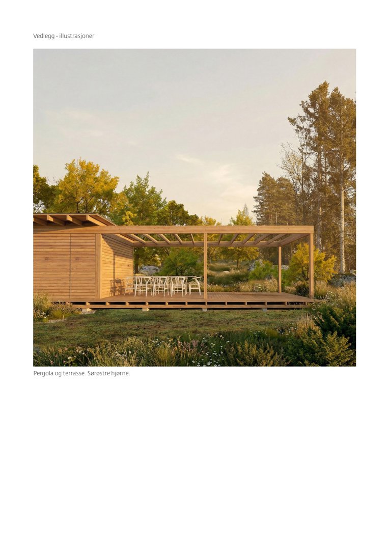 3D-visualisering av en pergola og terrasse i et naturskjønt miljø.