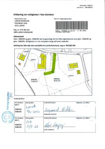 Situasjonsplan som viser eiendomsnummer, grenser og grønnfarget rettighet (felles kjørekomst) for fast eiendom i Larvik.