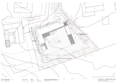 Situasjonsplan som viser tomtens grenser (rød linje), eksisterende og nybygg, terrengforhold (konturer), beplantning og tilknyttede veier.