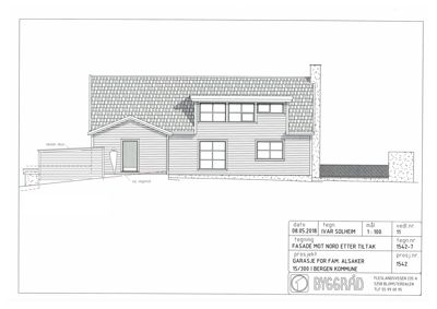 Fasadetegning av en bolig med garasje og skur, sett fra nord etter tiltak.