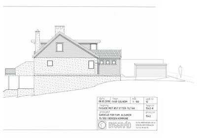 Fasadetegning av en bolig og garasje sett fra øst etter tiltak.