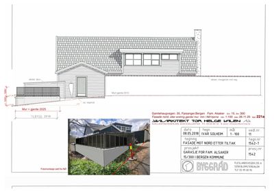 Fasadetegning av en bolig med tilhørende garasje og gjerde, inkludert en fotomontasje for sammenligning.