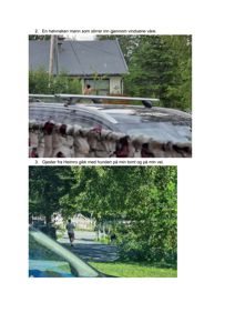 To fotografier av en bolig og omgivelsene, inkludert en bil og en person som går på en vei.