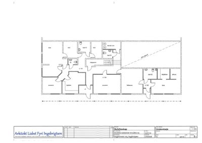 Etasjeplan (underetasje) som viser romfordeling, dører, trapperom og tekniske rom.