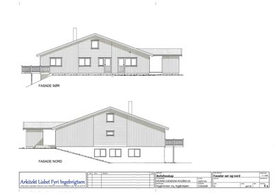Bildet viser fasadetegninger for en bolig, med oppriss av FASADE SØR og FASADE NORD.