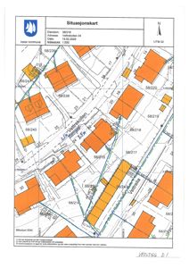 Situasjonskart som viser eiendomsnummer, adresse, nabolag og bygningsplassering.