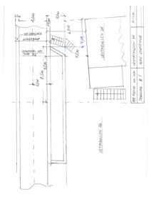 En håndtegnet teknisk detaljtegning som viser en takkonstruksjon med takrør, takfot og dimensjoner.