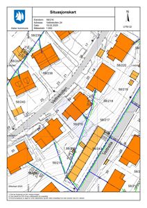Situasjonskart som viser eiendomsnummer, naboeiendommer, vegnavn og topografi for området Vettrekollen.