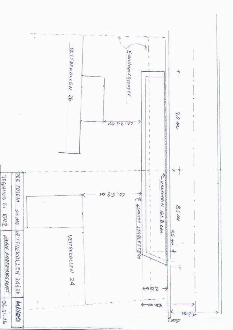 Etasjeplan eller situasjonsplan med rombetegnelser (VETTERKOLLEN 24, 26) og målspesifikasjoner.