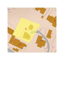 Kartutsnitt som viser et område med flere eiendommer, bygninger og en elv. Det er markert en spesifikk eiendom med en gul farge og en rød pinne.