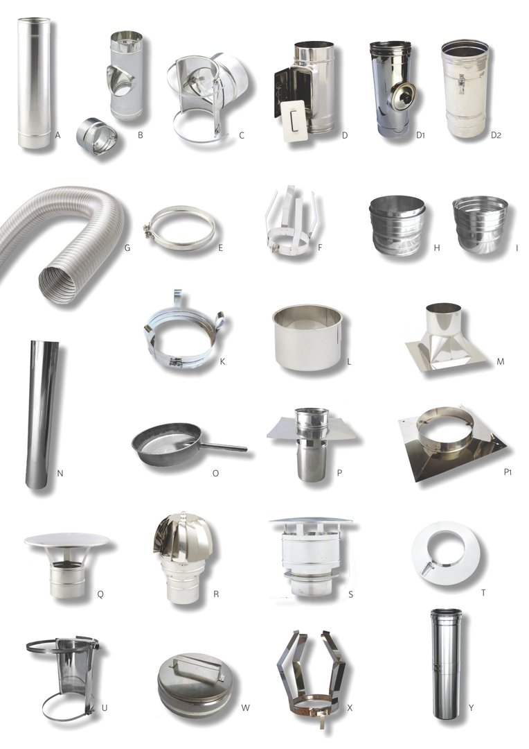 Produktkatalog eller illustrasjonsside som viser ulike typer metallrør, ventilasjonskomponenter og tilbehør (f.eks. T-rør, fleksible slanger, klemmer og takutløpere) med bokstavelige referanser (A-Y).