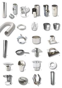 Produktkatalog eller illustrasjonsside som viser ulike typer metallrør, ventilasjonskomponenter og tilbehør (f.eks. T-rør, fleksible slanger, klemmer og takutløpere) med bokstavelige referanser (A-Y).