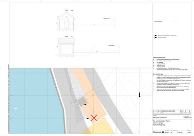 Situasjonsplan som viser tomtens form, grenser og plassering av en ny pumpestasjon (merket med rødt kryss).