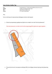 Situasjonsplan eller tomtetekning som viser plassering av en pumpestasjon (Trafo) i forhold til energianlegg (BE) og andre soner.