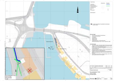Situasjonsplan som viser plassering av en ny pumpestasjon i forhold til veier, vann og andre bygninger.