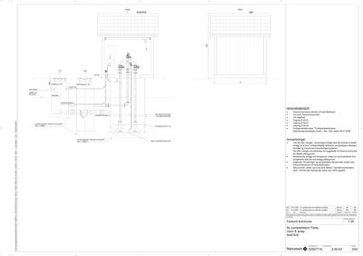 Teknisk detaljtegning av en pumpestasjon med rørforbindelser og dimensjoner.
