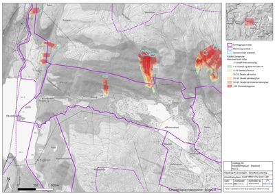 Kart over et område med topografi, vannveier og arealbruk, inkludert en oversikt over snøskredfare og bebyggelse.